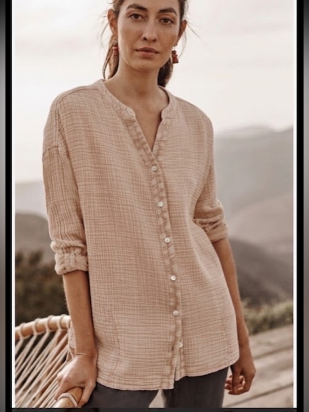 Purejill 2X Relaxed Gauze Button-Front pocket blouse
